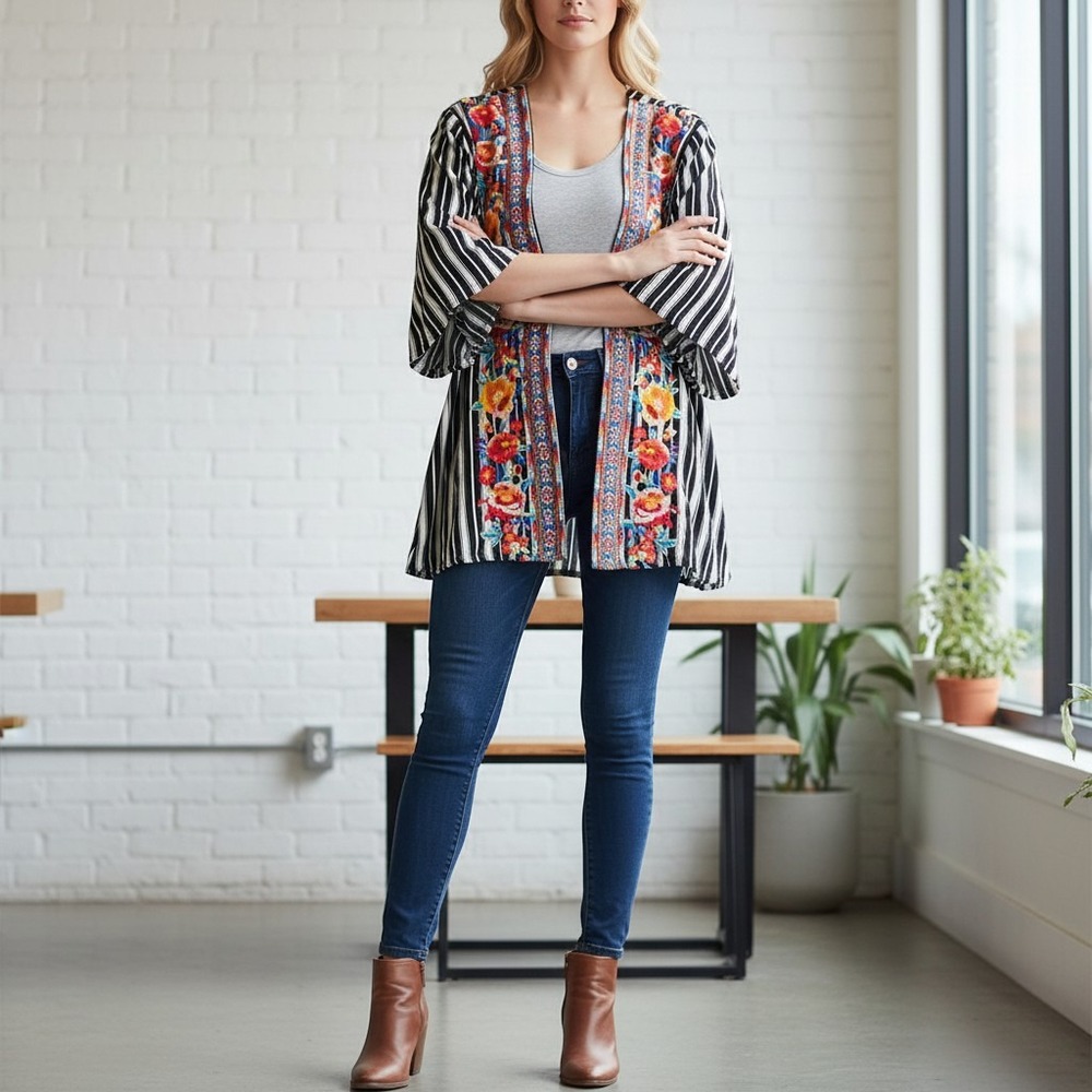 Savanna Jane Womens MED Striped Embroidered Floral Boho Kimono Cardigan (2460)